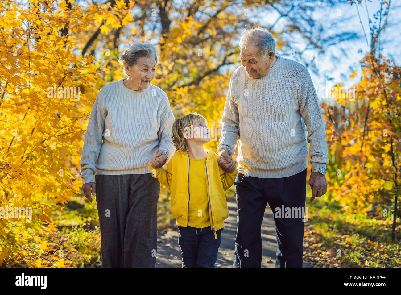 Couple avec bébé petit-fils dans le parc de l'automne. Grand-mère, grand-père et arrière-petit-fils Banque D'Images