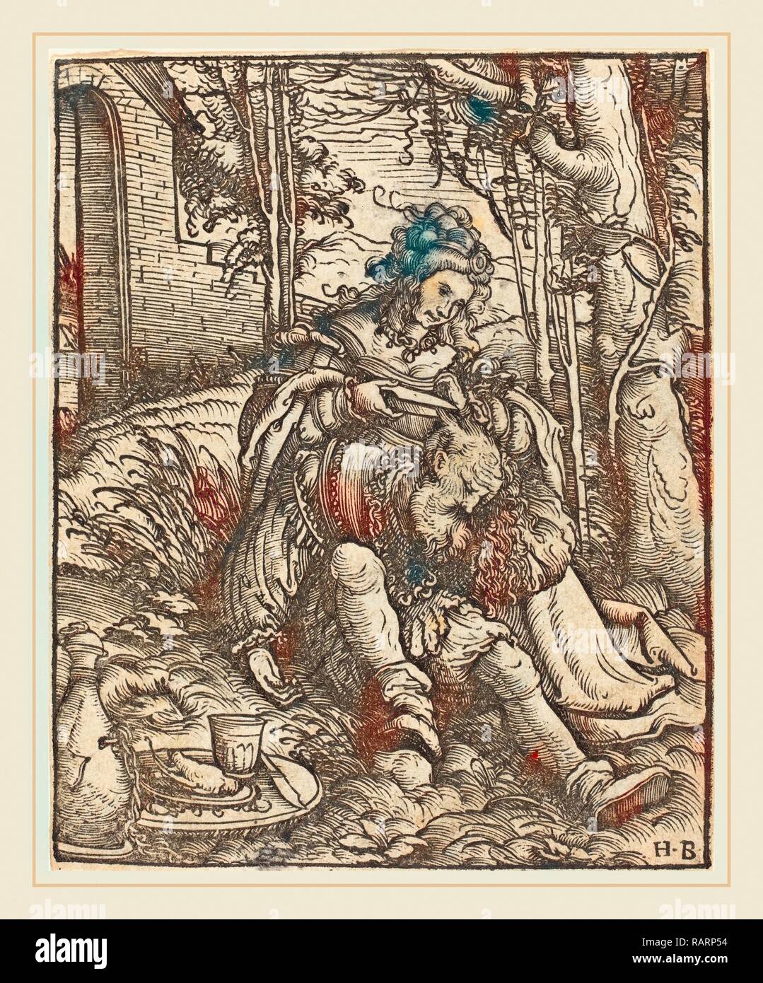 Hans Burgkmair I (allemand, 1473-1531), Samson et Dalila, gravure sur bois. Repensé par Gibon. L'art classique avec un style moderne repensé Banque D'Images