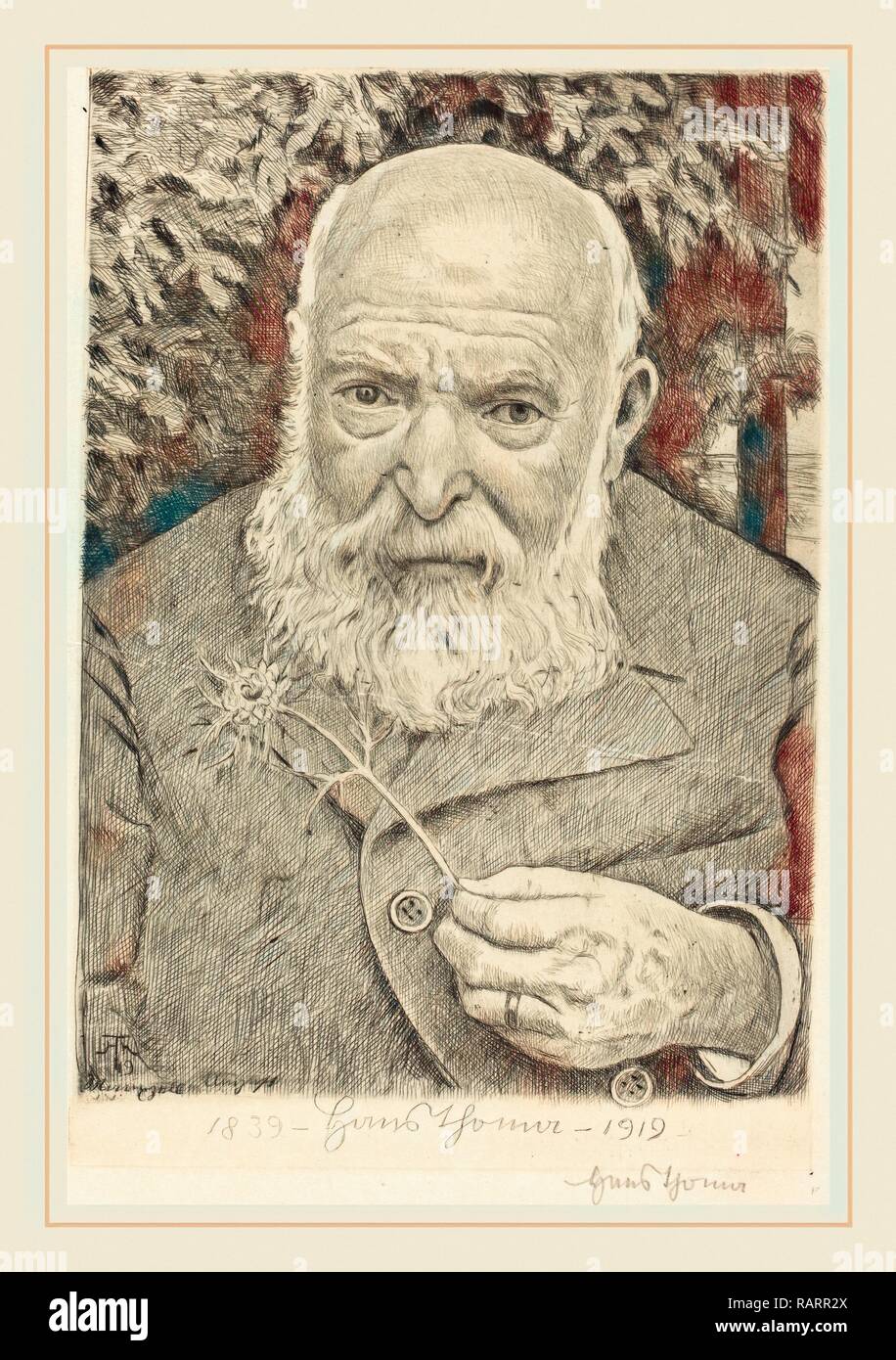 Hans Thoma, Autoportrait VI avec fleur, allemand, 1839-1924, 1909, eau-forte. Repensé par Gibon. L'art classique avec un repensé Banque D'Images