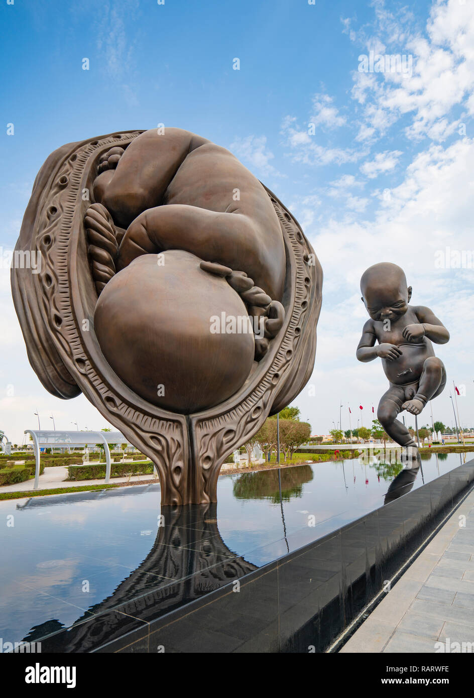 Nouvelles sculptures montrant étapes de l'accouchement dans l'utérus à Sidra Hôpital par Damien Hirst à Doha, Qatar Banque D'Images