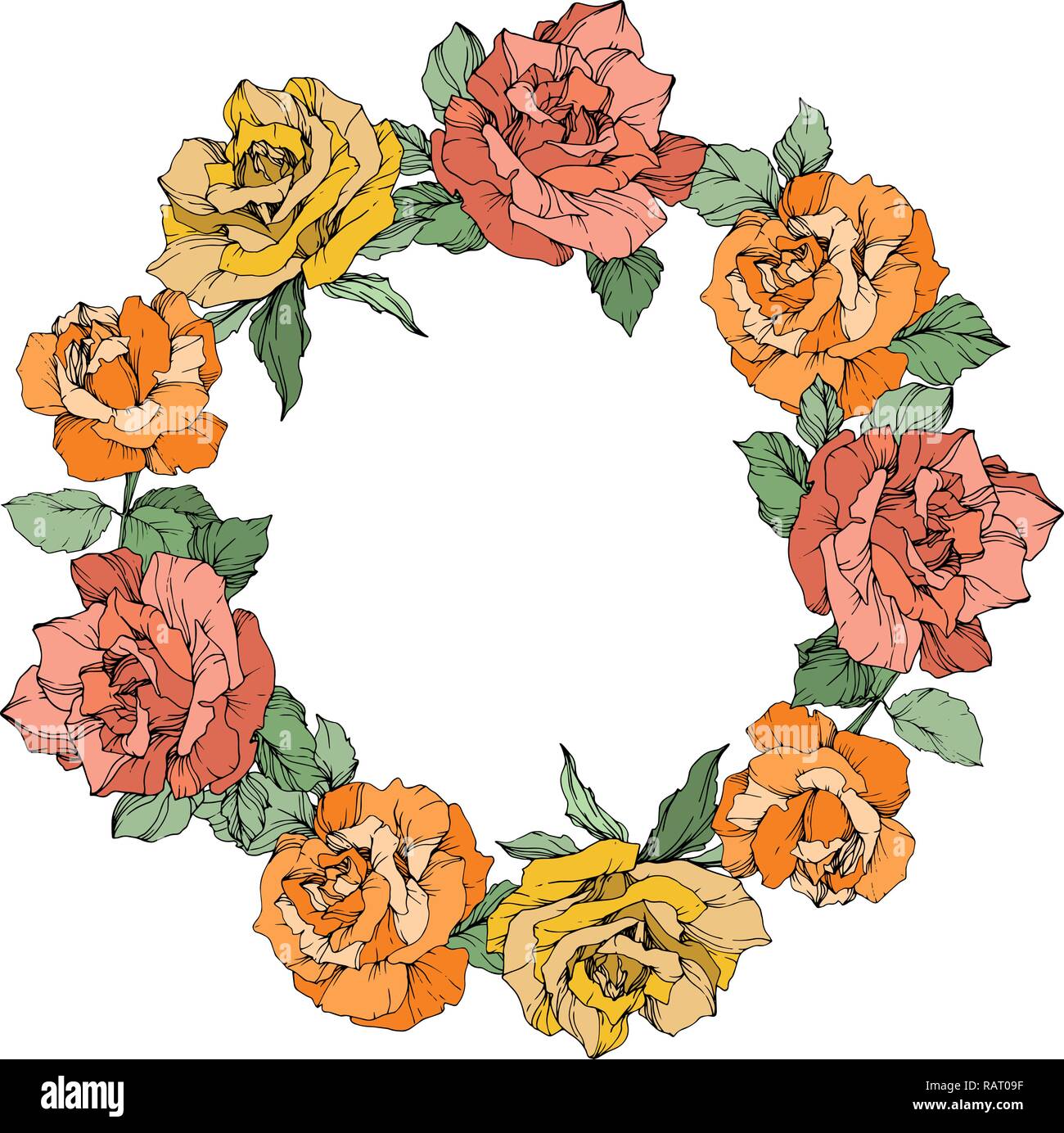 Vector couronne de fleurs rose sur fond blanc. Botanique Floral fleur. Jaune, orange et corail encre gravée l'art. Illustration de Vecteur