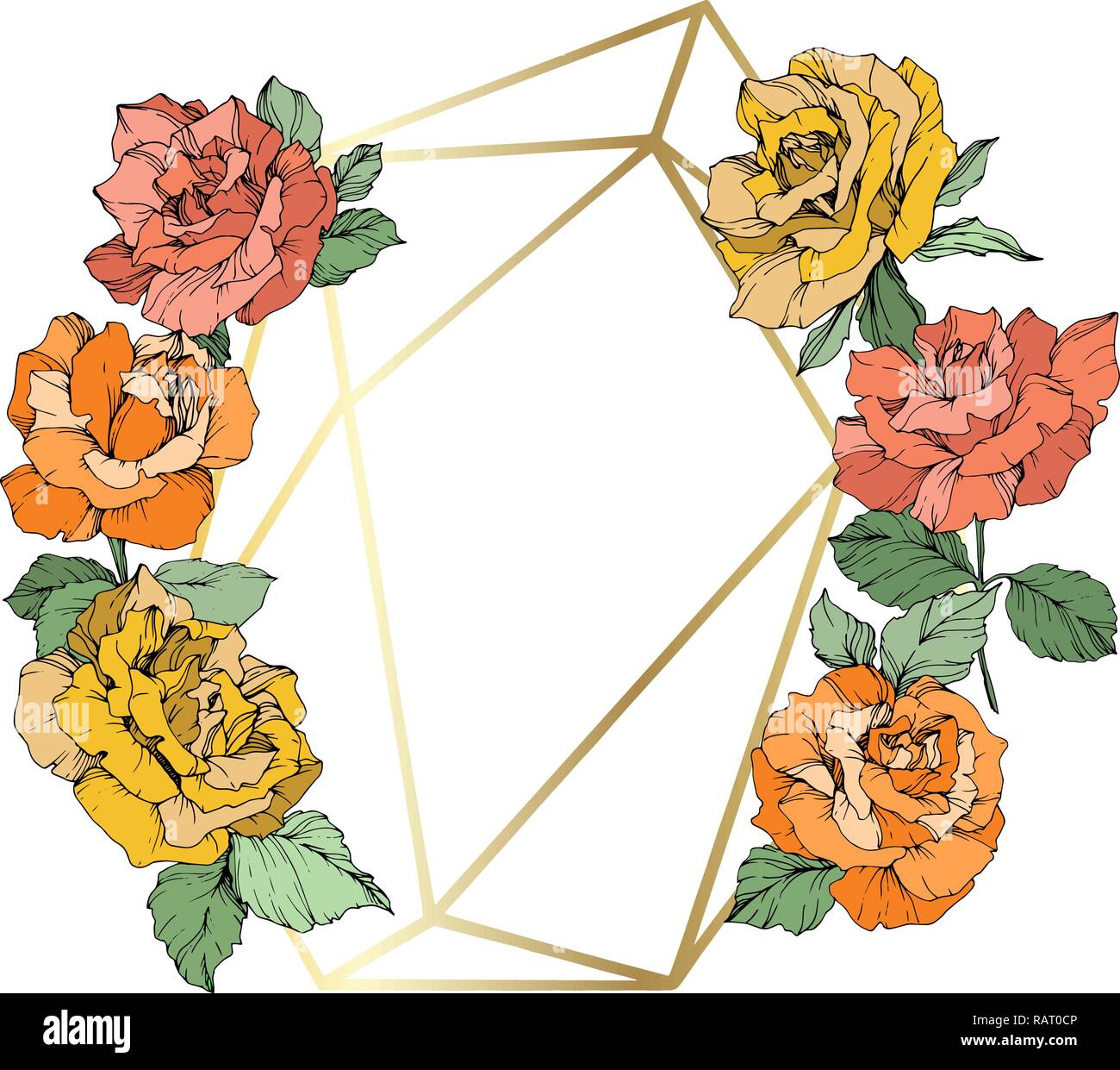 Fleur Rose Vector golden crystal cadre. Orange, Jaune et corail encre gravé cristal forme polyèdre géométrique art sur fond blanc. Illustration de Vecteur