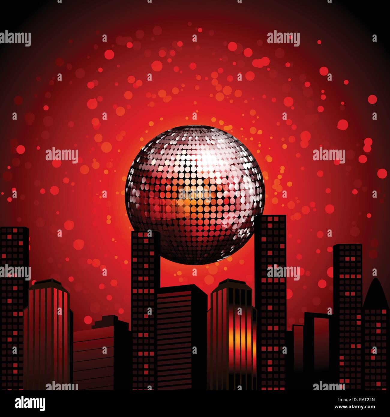Résumé Ville Paysage avec boule disco rouge sur fond rouge Illustration de Vecteur