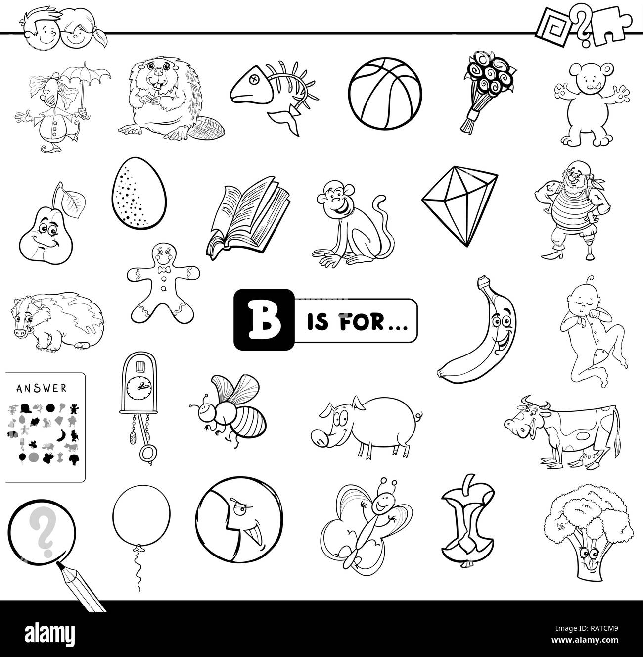 Illustration Cartoon noir et blanc de trouver Photo commençant par la lettre B jeu éducatif pour les enfants Cahier à colorier Illustration de Vecteur