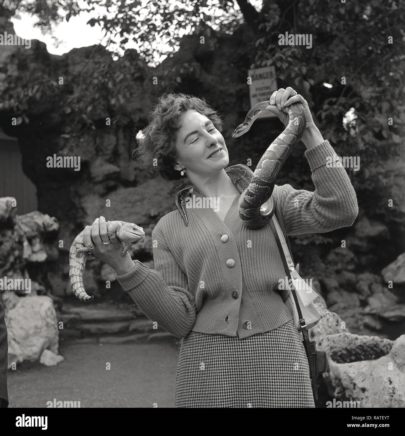 Années 1950, élégante dame debout à l'extérieur à un zoo holding up un serpent près de son visage et un petit reptile dans sa main, une jeune tortue, un bébé crocodile, England, UK. Banque D'Images