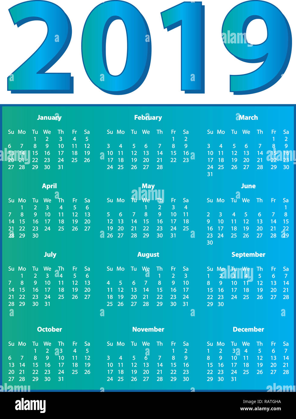 2019 Calendrier en couleur pleine page Banque D'Images