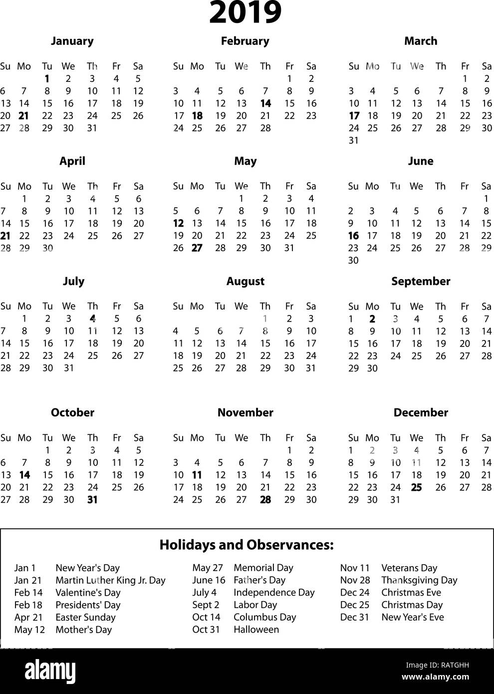 2019 noir et blanc pleine page Calendar Banque D'Images