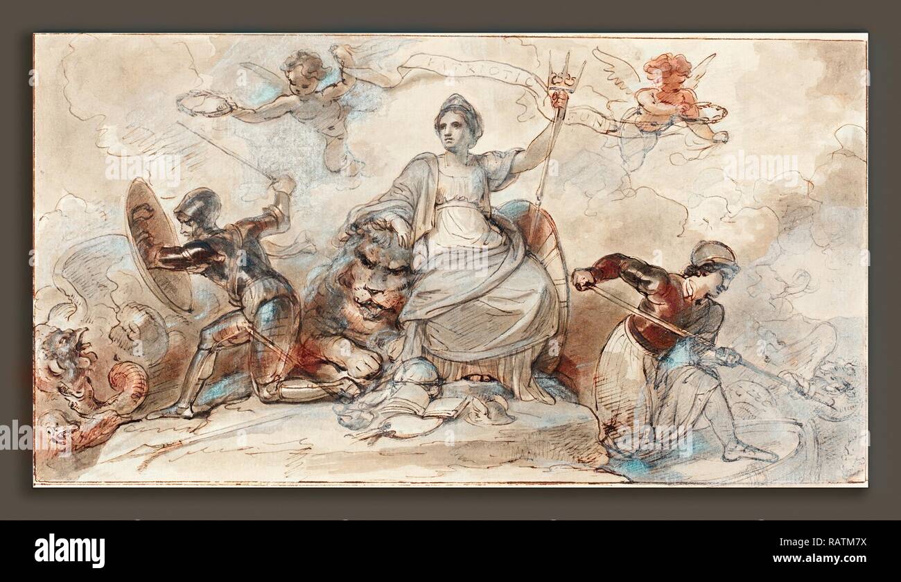 Robert Smirke (britannique, 1752 - 1845), Fonds patriotique, plume et encre brune avec lavage gris rehaussée de blanc sur portées repensé Banque D'Images