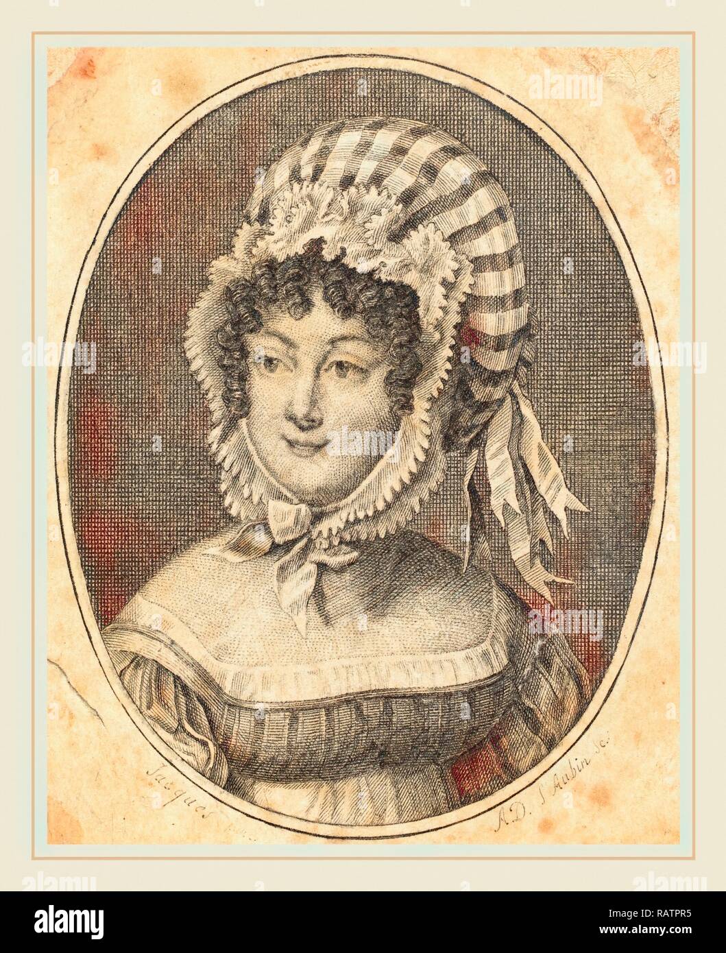 Augustin de Saint-Aubin, français (1736-1807), chef d'une femme portant un bonnet à rayures, la gravure. Repensé Banque D'Images