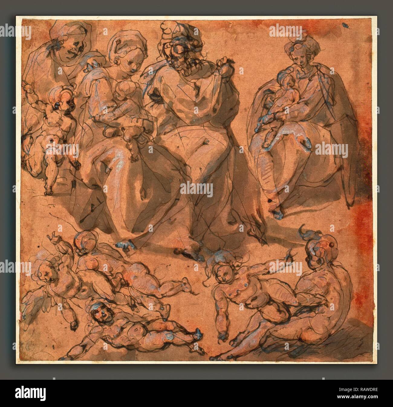 Cesare Pollini (Italien), ch. 1560 - c. 1600), des études d'une Sainte Famille, plume et encre brune avec lavage marron et rose repensé Banque D'Images