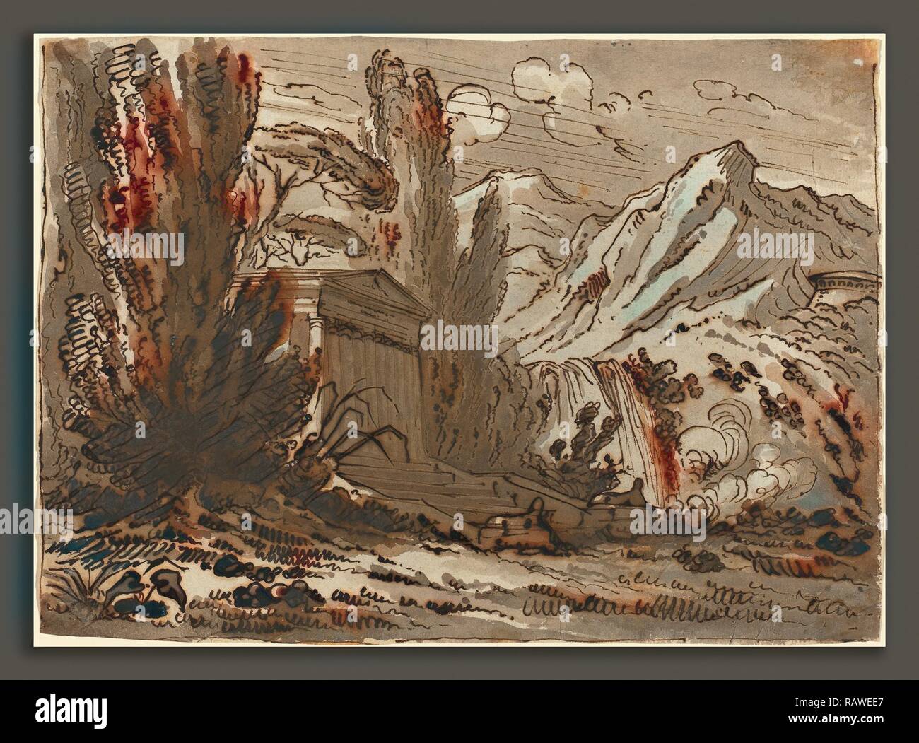 Felice Giani (Italien, 1758 - 1823), Paysage montagneux avec Temple classique, plume et encre brune avec lavis repensé Banque D'Images