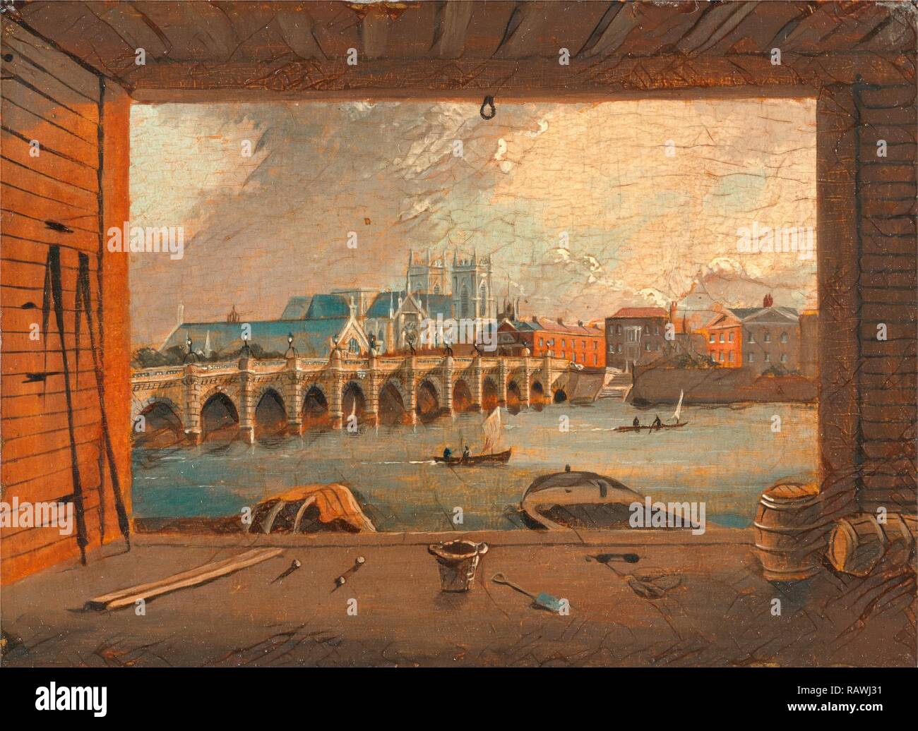 Une vue sur le pont de Westminster, Londres, Daniel Turner, active 1782-1805, British. Repensé par Gibon. L'art classique avec repensé Banque D'Images