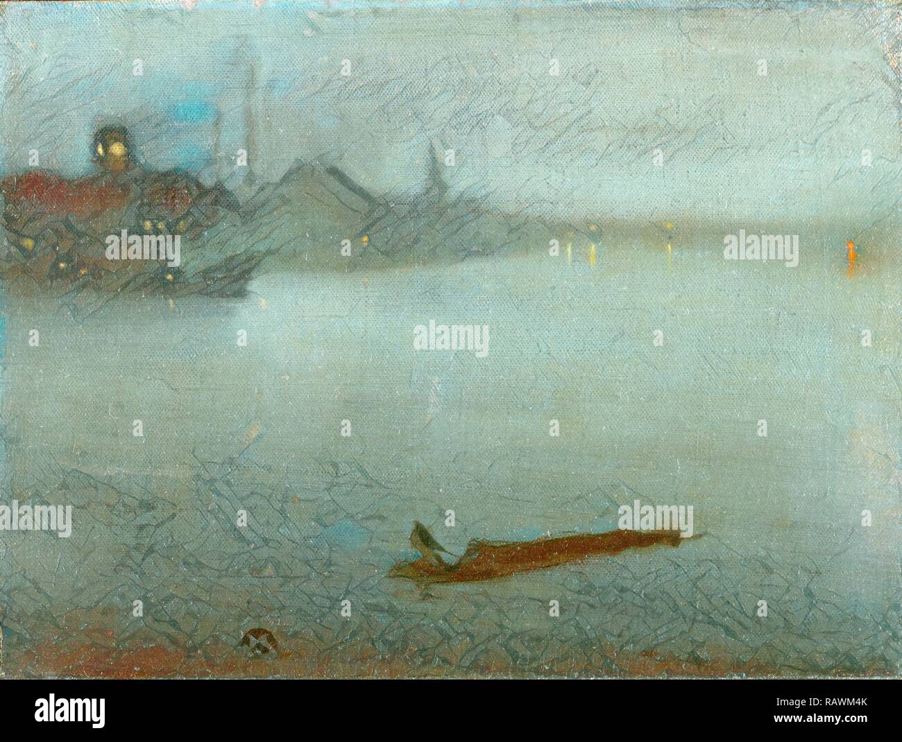 Nocturne en bleu et argent avec monogramme Signé en bas à gauche, papillon, James McNeill Whistler, 1834-1903 repensé Banque D'Images