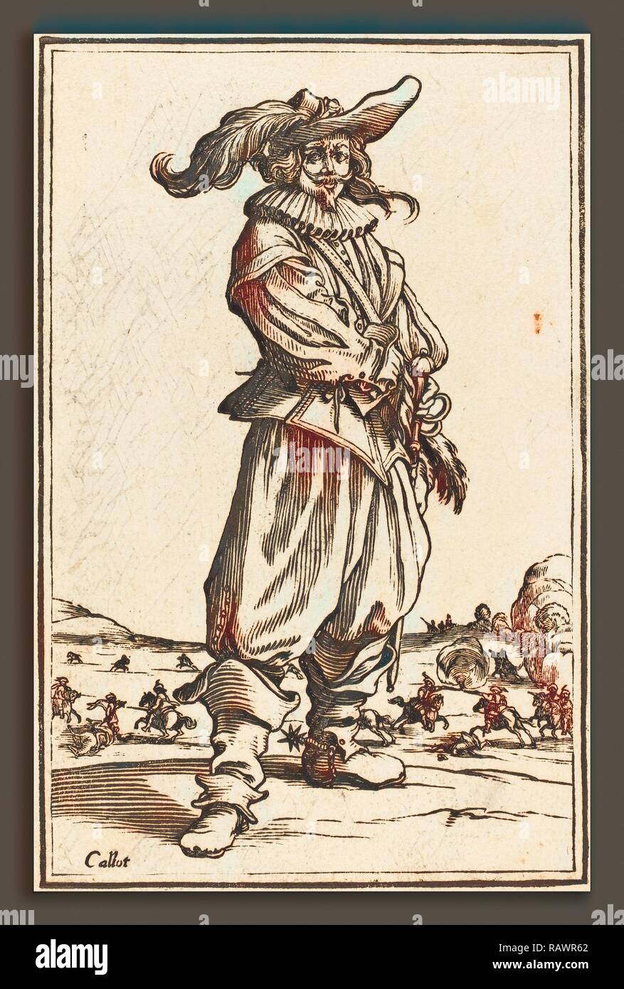 Après Jacques Callot, soldat avec capuchon à plumes, gravure sur bois. Repensé par Gibon. L'art classique avec une touche moderne repensé Banque D'Images