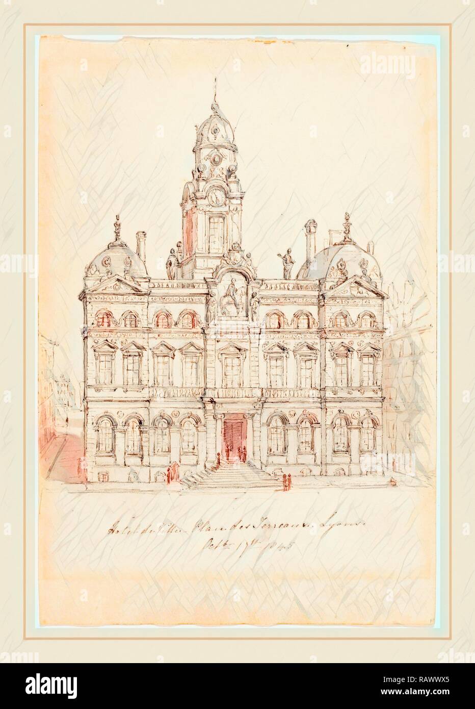 Robert Smirke, britannique (1752-1845), l'Hôtel de Ville, place des Terreaux, Lyon, 1845, plume et encre brune avec lavage gris repensé Banque D'Images