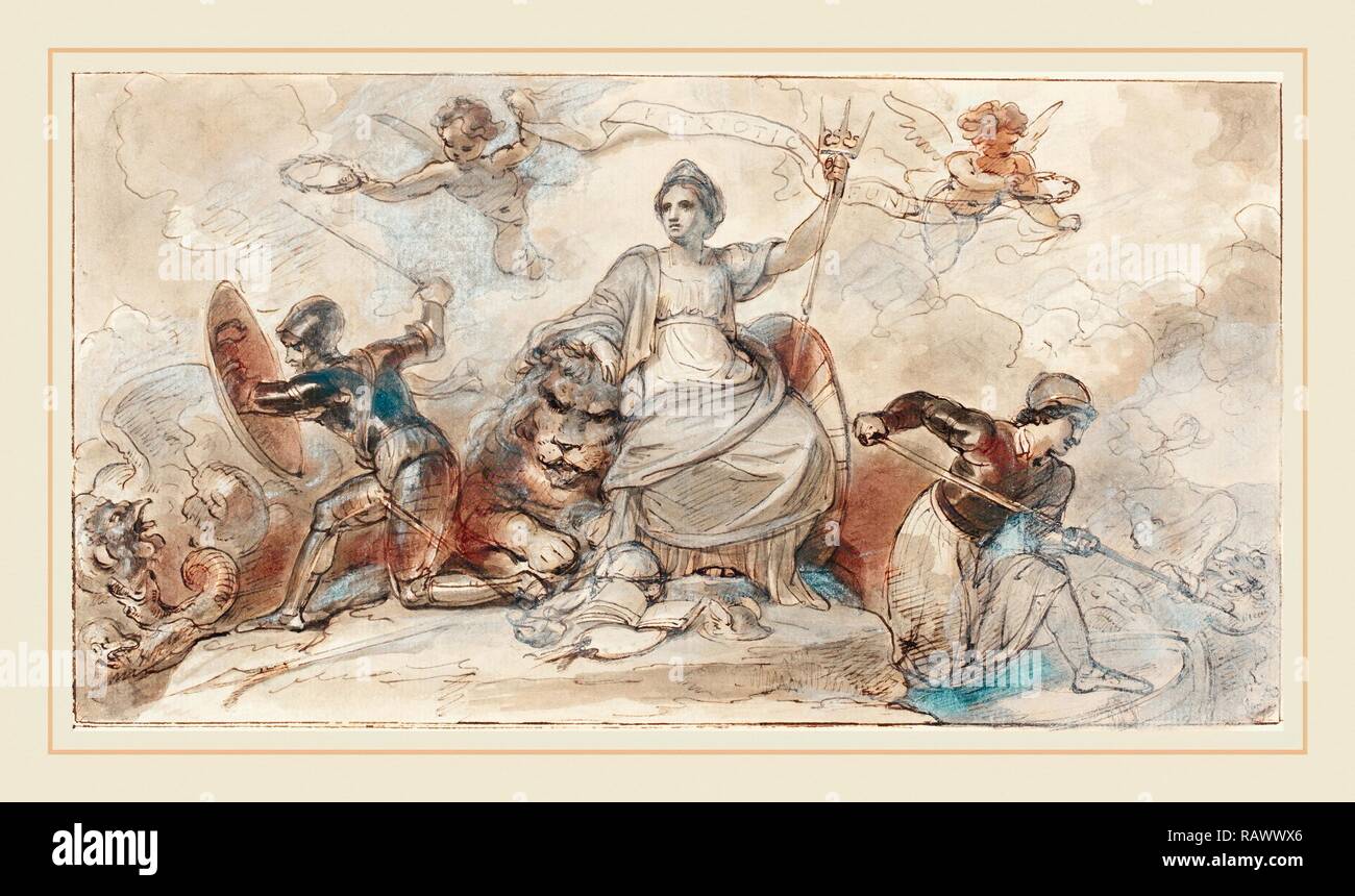 Robert Smirke, britannique (1752-1845), Fonds patriotique, plume et encre brune avec lavage gris rehaussée de blanc sur portées repensé Banque D'Images