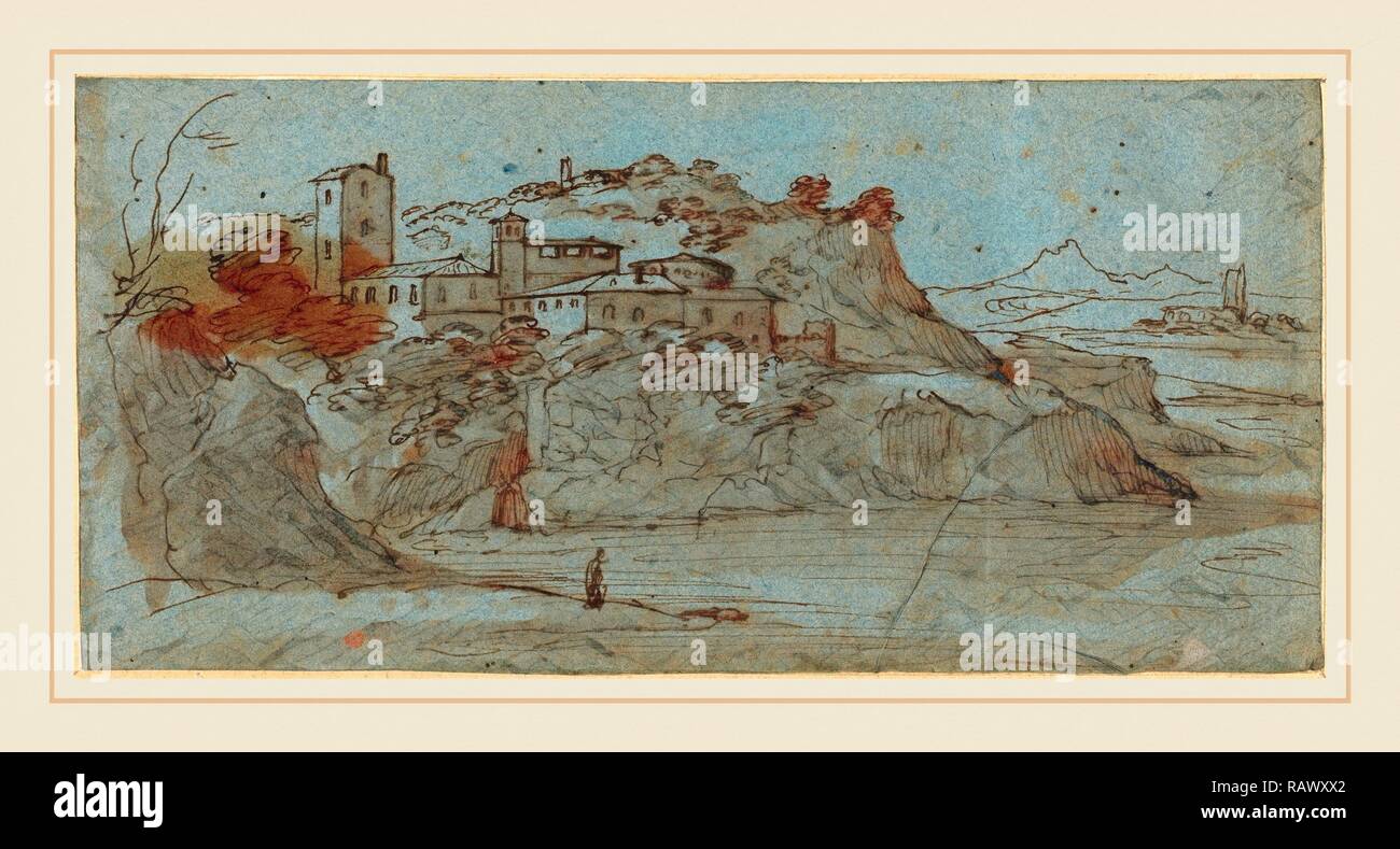 Maître des paysages bleus, Italien (Actif 1650), Village au sommet d'une falaise de la rivière [recto], plume et encre brune et laver repensé Banque D'Images