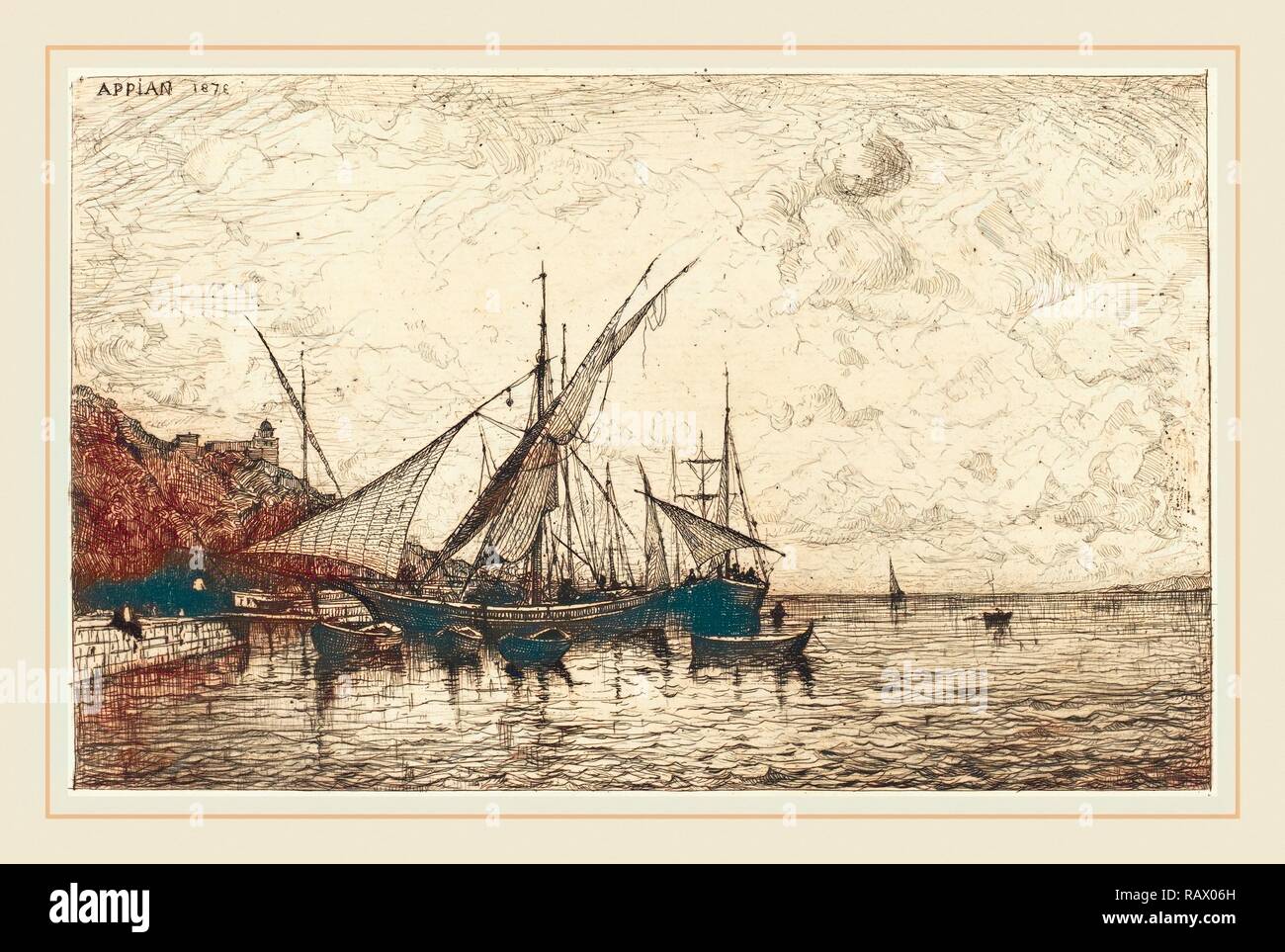 Adolphe Appian, français (1818-1898), le Port de Monaco, 1873, pointe sèche sur papier lourd. Repensé Banque D'Images