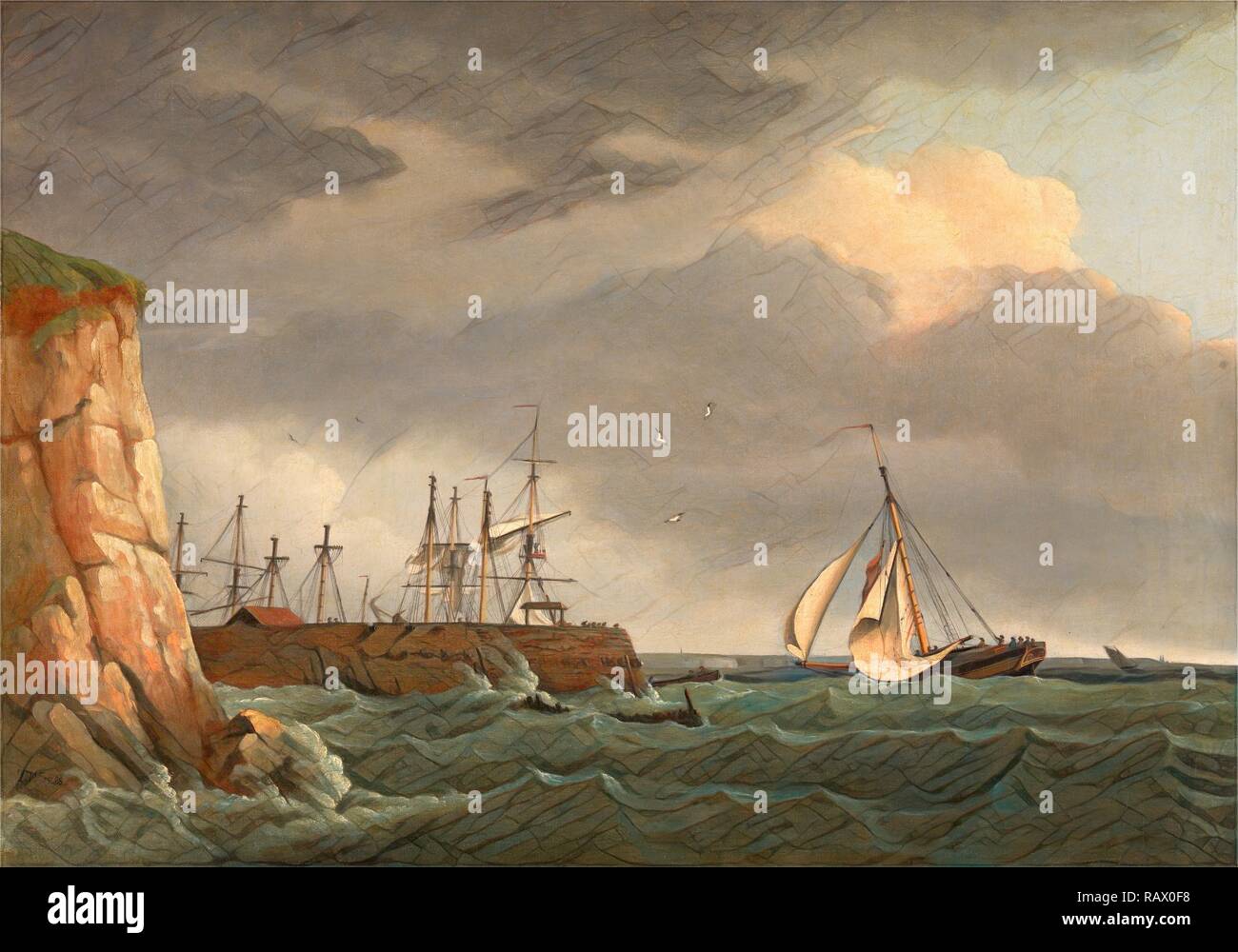 Un navire fonctionnant dans le port avec d'autres embarcations à une jetée, signée et datée en bas à gauche : 'T. W. 1788', Thomas Whitcombe repensé Banque D'Images