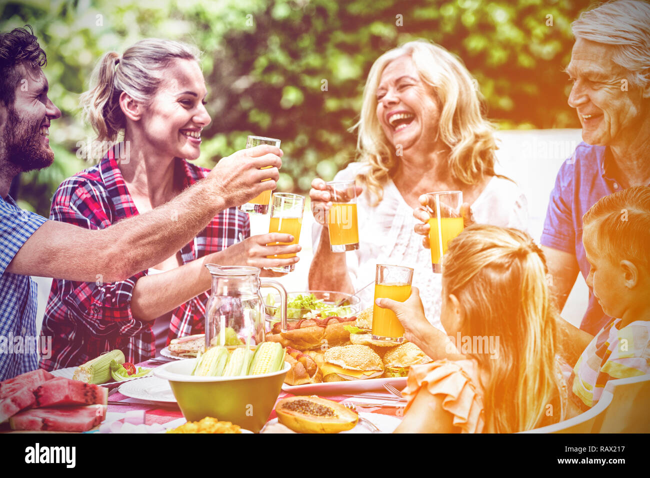 Family toasting drinks tout en déjeunant à lawn Banque D'Images