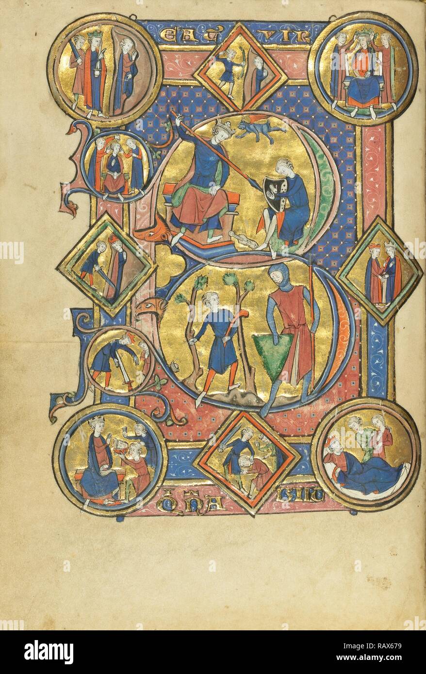 B Initial : David jouant de la harpe et David et Goliath, Inconnu, Paris, France, Europe, environ 1250 - 1260, Tempera repensé Banque D'Images