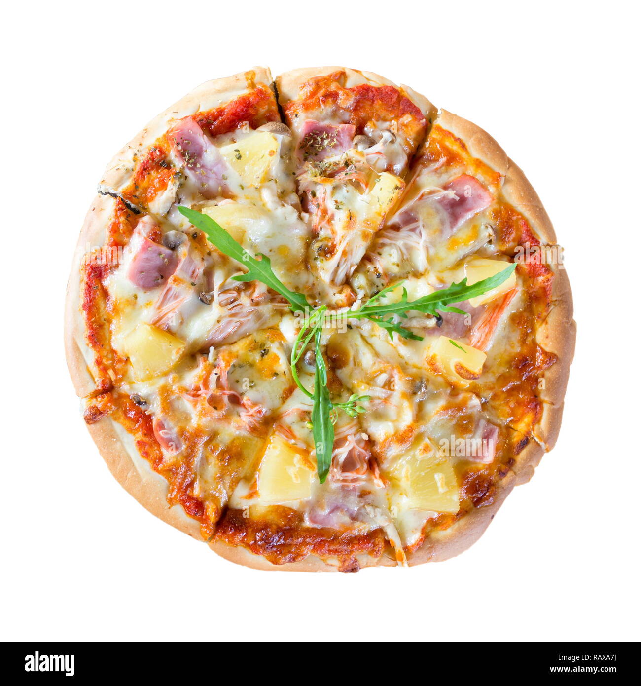 Petites tranches de pizza hawaïenne isolé sur un fond blanc. Banque D'Images