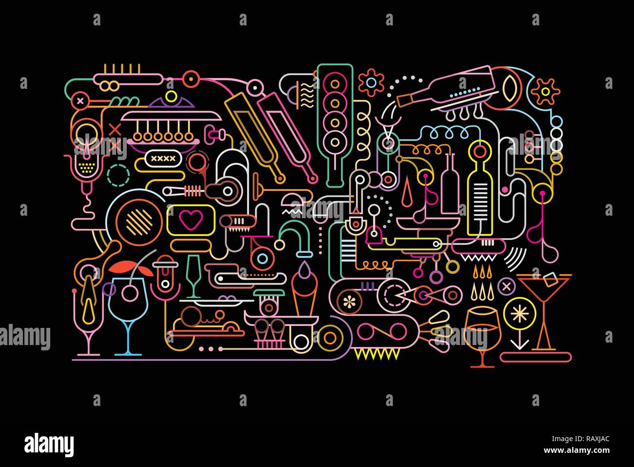 Les couleurs néon sur fond noir du processus de préparation de cocktails illustration vectorielle. Illustration de Vecteur