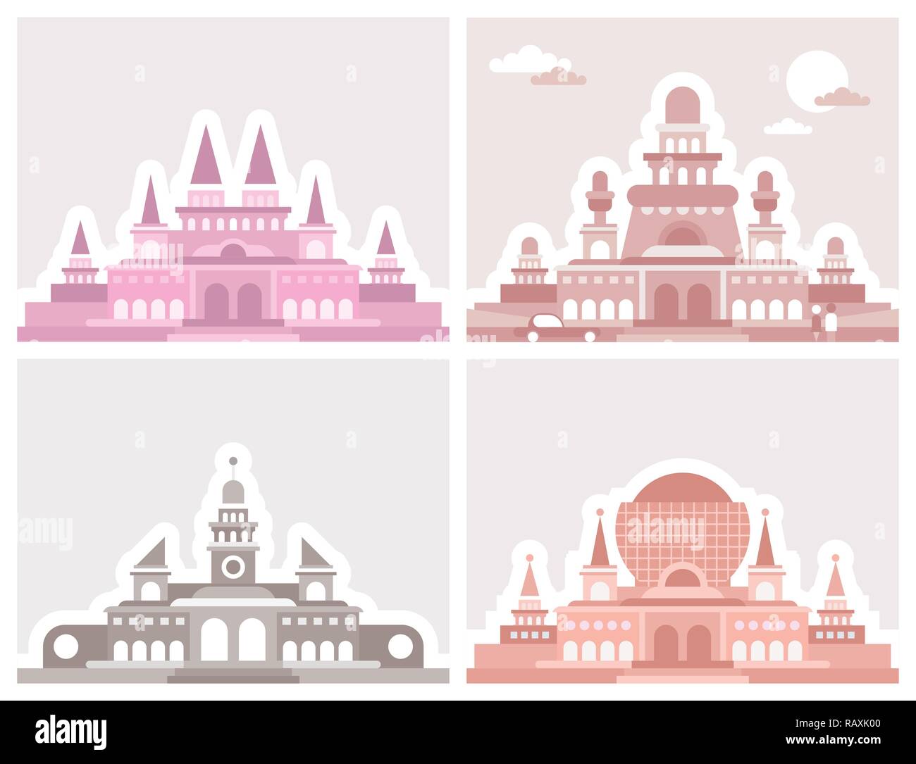 Quatre différents palais. L'architecture de style rétro. Illustration de Vecteur