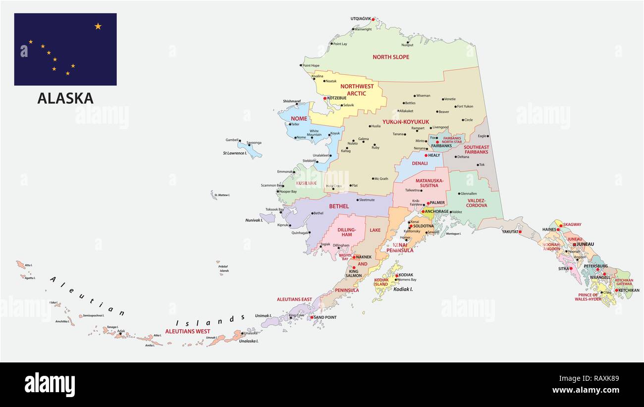 Carte politique et administrative de l'alaska avec drapeau Illustration de Vecteur