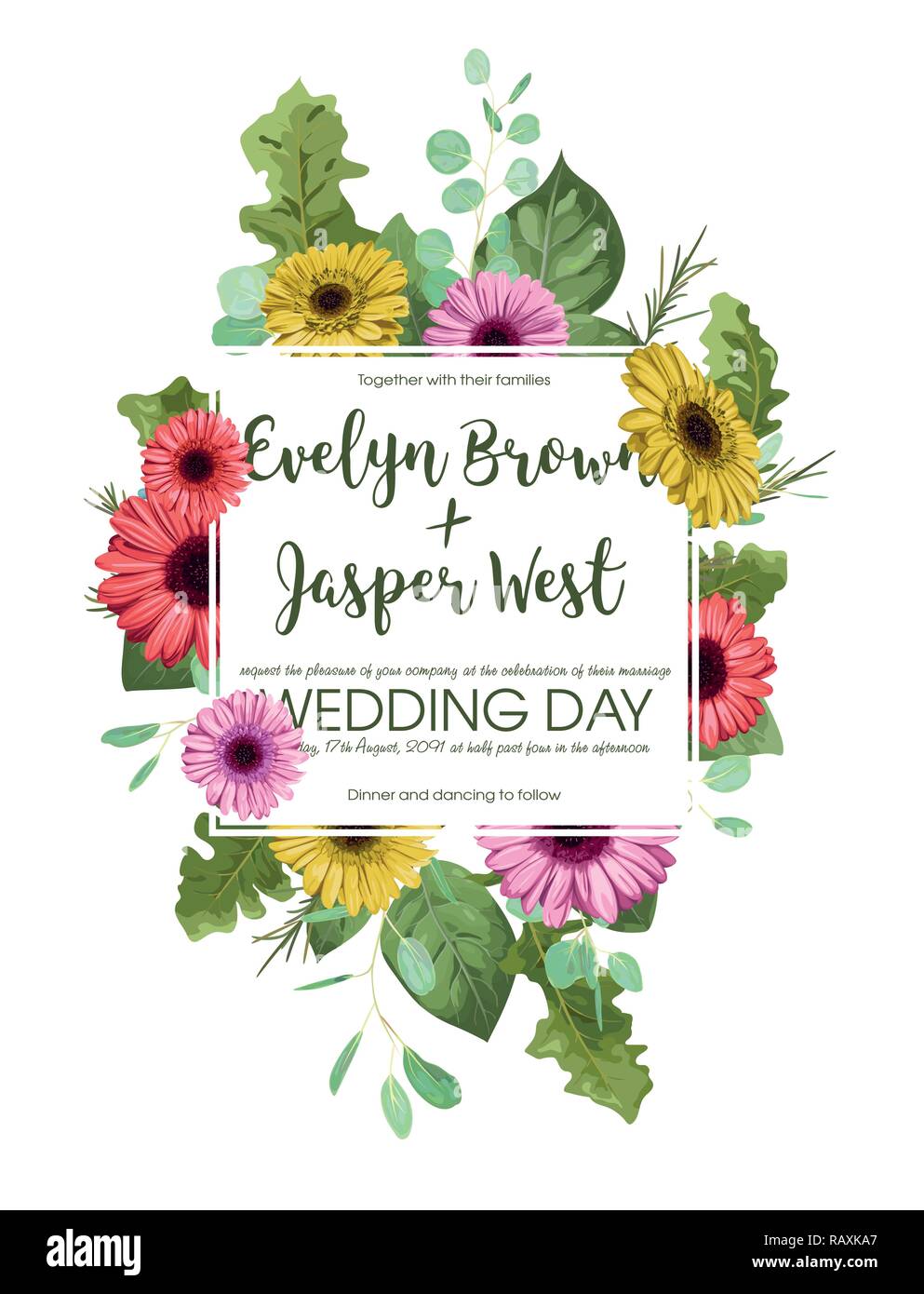 Modèle Floral, mariage invitation, carte postale, étiquette, flyer, date de sauvegarde. Un cadre carré avec des bouquets de fleurs colorées et de gerberas eucalyptus lea Illustration de Vecteur