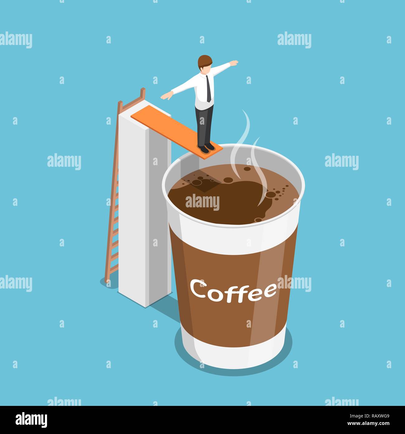 Télévision 3D isométrique businessman prêt à sauter dans une tasse de café. Pause café concept. Illustration de Vecteur