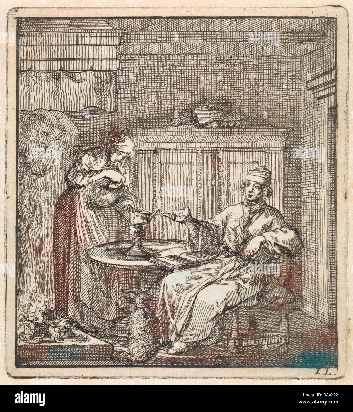 Femme comble une lampe à huile, gravure de Jan Luyken, mer. Pieter Arentz, Cornelis van der Sys II, 1711. Repensé Banque D'Images