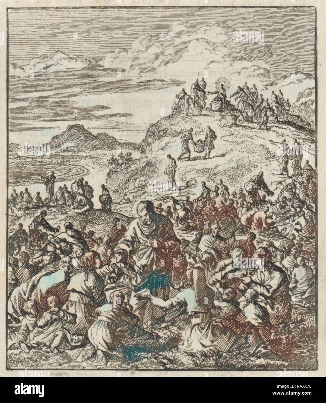 Donner du pain apôtres à la foule, le Christ sur le sommet d'une montagne, Jan Luyken, Jan Rieuwertsz. II, Barent Visscher, 1706 repensé Banque D'Images