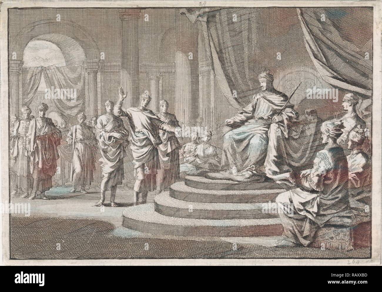 Zorobabel pour Darius, Jan Luyken, Pieter Mortier, 1704. Repensé par Gibon. L'art classique avec une touche moderne repensé Banque D'Images