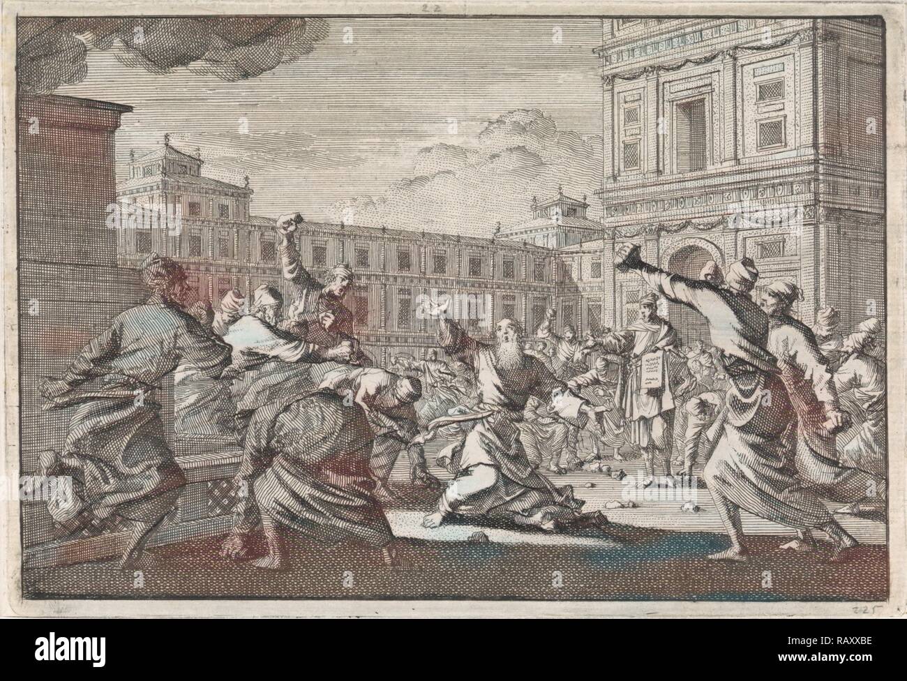 Lapidation de Zacharie, Jan Luyken, Pieter Mortier, 1704. Repensé par Gibon. L'art classique avec une touche moderne repensé Banque D'Images