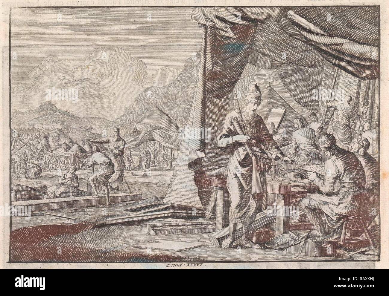 Construction du Tabernacle, Jan Luyken, Pieter Mortier, 1703 - 1762. Repensé par Gibon. L'art classique avec un repensé Banque D'Images
