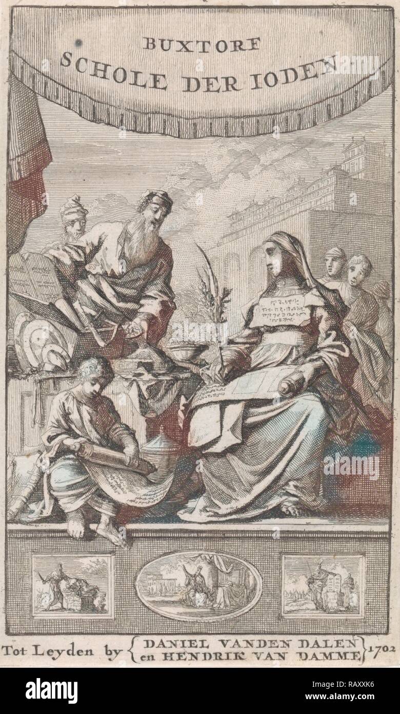 Femme avec branche de palmier apprend sur le judaïsme, Jan Luyken, Daniel van den Dalen, Hendrik van Damme, 1702. Repensé Banque D'Images