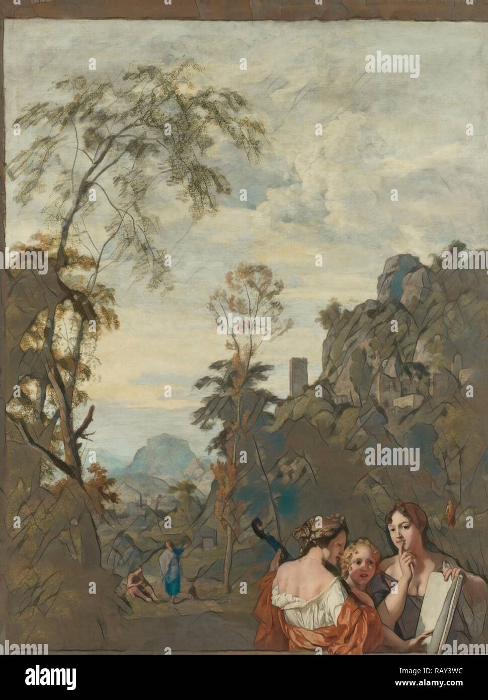 Paysage italien avec trois femmes de faire de la musique, Gerard De Lairesse, Johannes Glauber, c. 1687. Repensé Banque D'Images