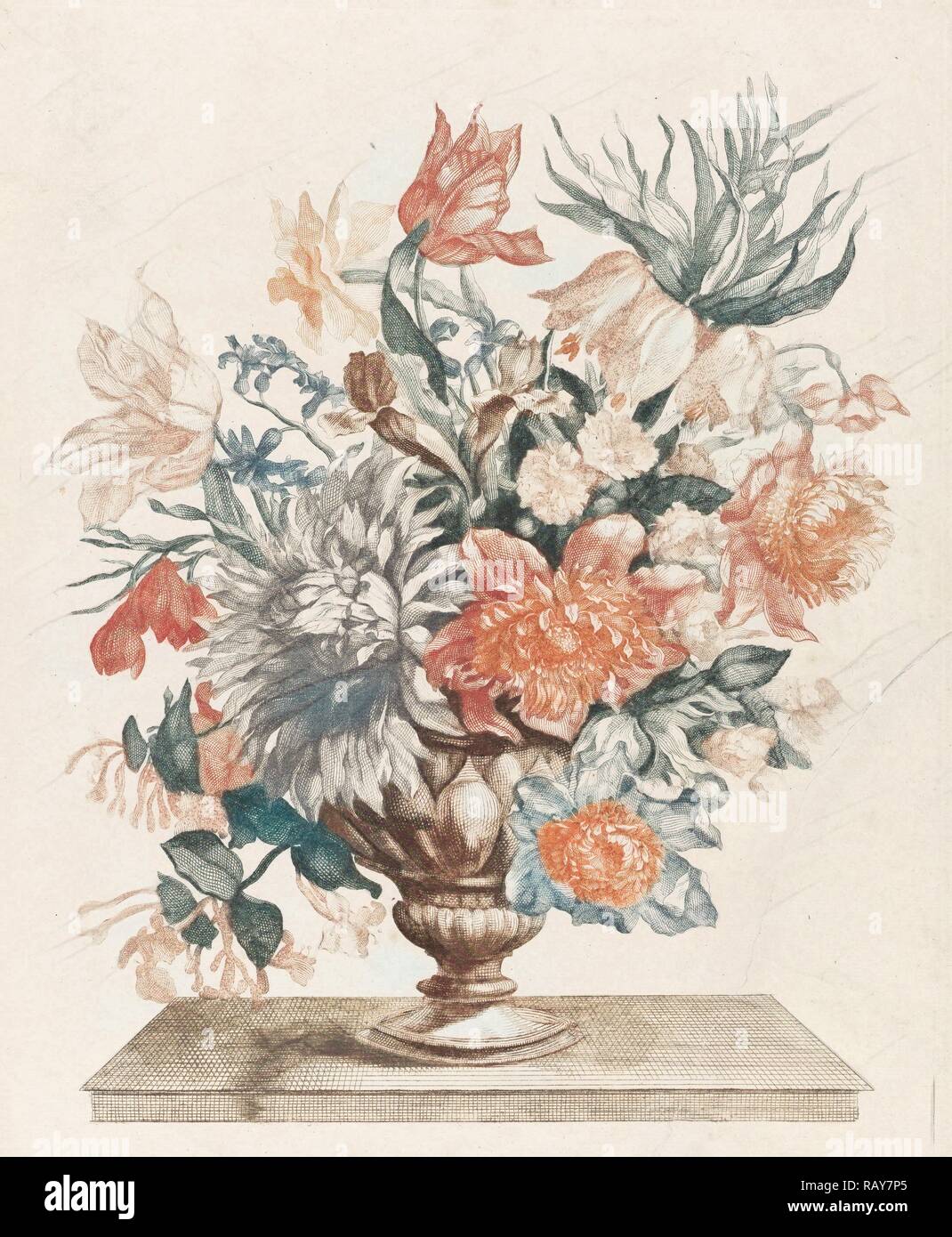 Vase en pierre avec des fleurs sur un plateau, anonyme, Jean Baptiste Monnoyer, Johan Teyler, 1688 - 1698. Repensé Banque D'Images