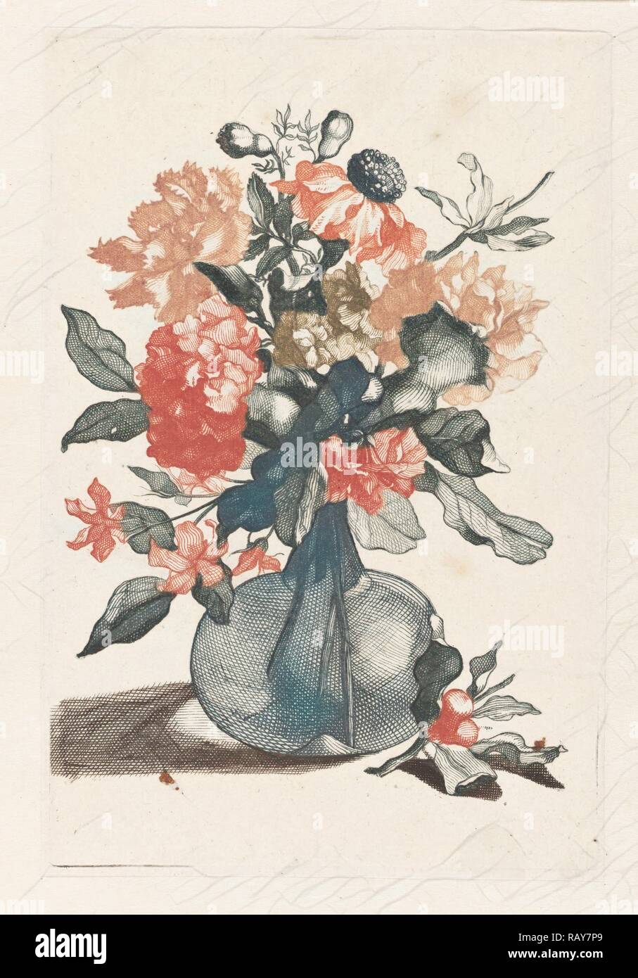 Vase en verre avec des fleurs et une branche avec fleur, anonyme, Jean Baptiste Monnoyer, Johan Teyler, 1688 - 1698 repensé Banque D'Images