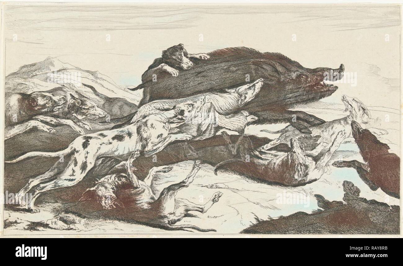 Les chiens chassent un sanglier, William Young Ottley, Peeter Boel, 1828. Repensé par Gibon. L'art classique avec une touche moderne repensé Banque D'Images