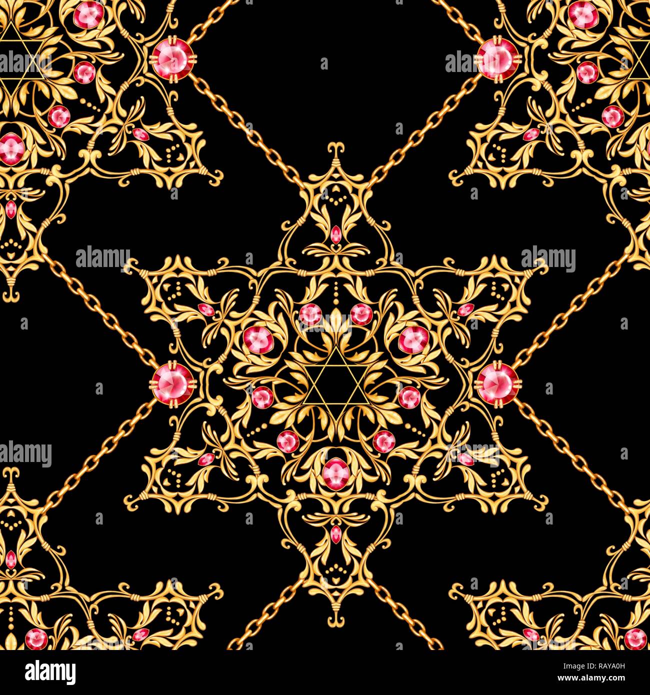 Modèle transparent avec des chaînes d'or croisées et David star avec Ruby Banque D'Images