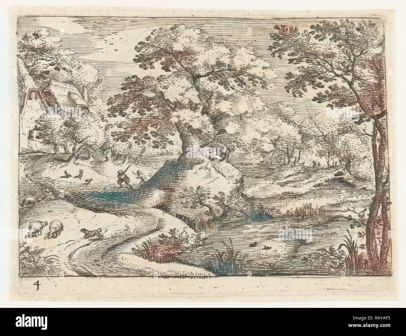 Paysage aux voyageurs d'affaires à proximité de maisons, Jacob Savery (I), 1584 - 1603. Repensé par Gibon. L'art classique avec un style moderne repensé Banque D'Images