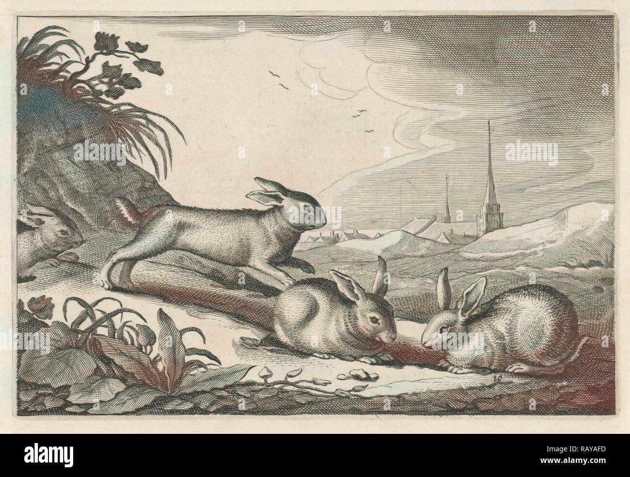 Paysage de dunes avec des lapins, Reinier van Persijn, Jacob Gerritsz Cuyp, Nicolaes Visscher (I), 1641. Repensé Banque D'Images