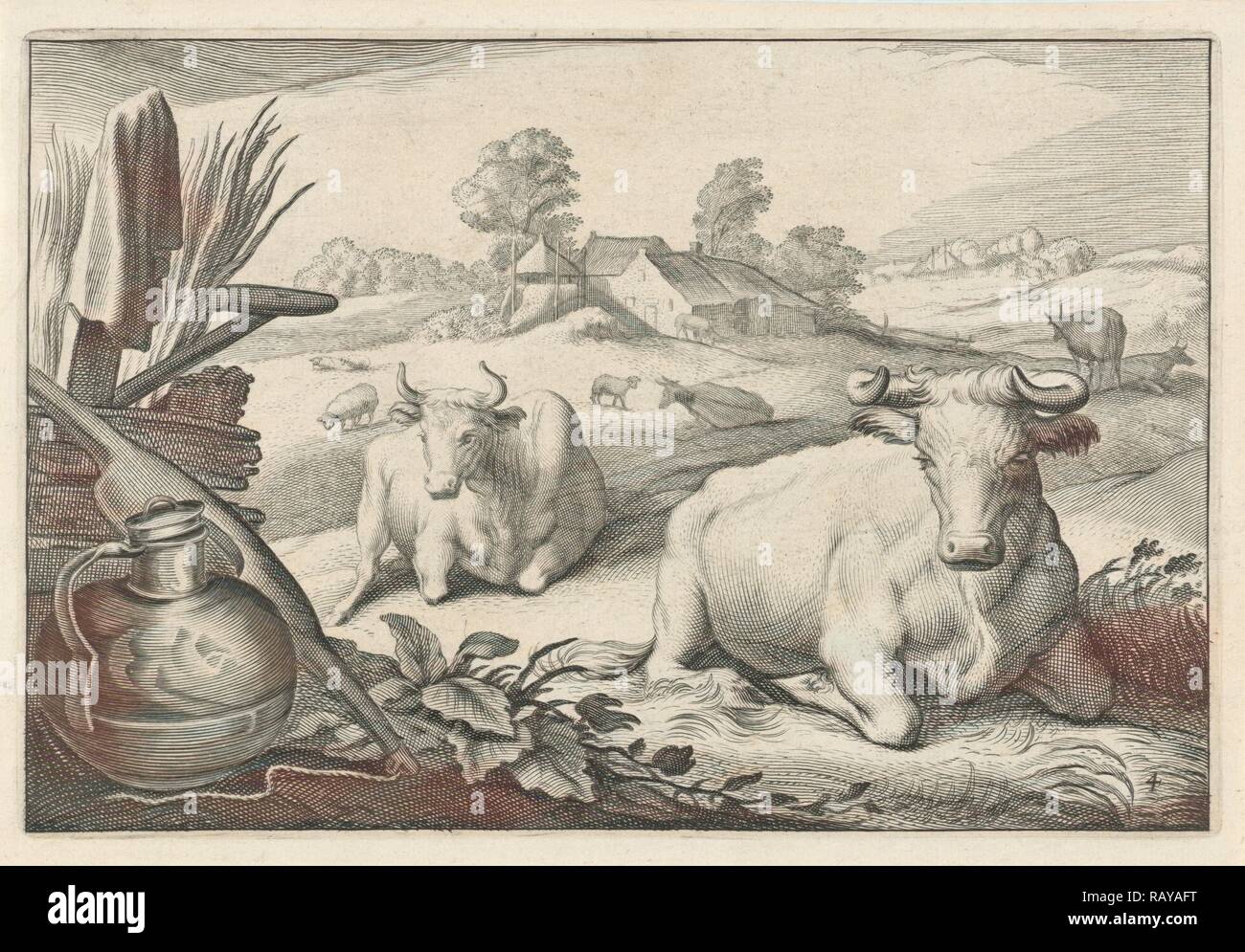 Prairie avec deux vaches, Reinier van Persijn, Jacob Gerritsz Cuyp, Nicolaes Visscher (I), 1641. Repensé Banque D'Images