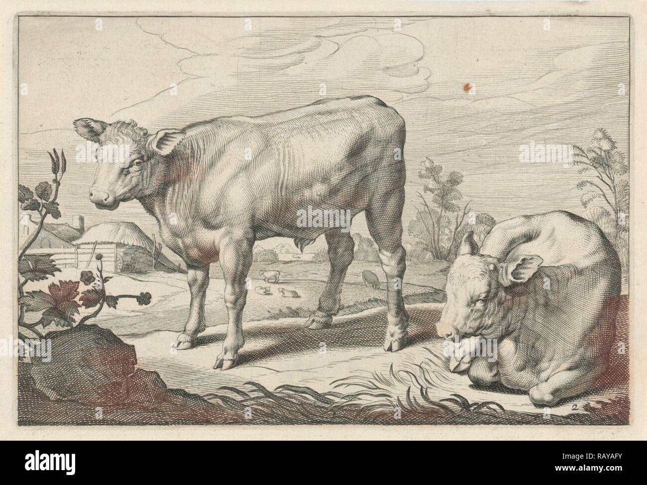 Pâturage avec deux taureaux, Reinier van Persijn, Jacob Gerritsz Cuyp, Nicolaes Visscher (I), 1641. Repensé Banque D'Images