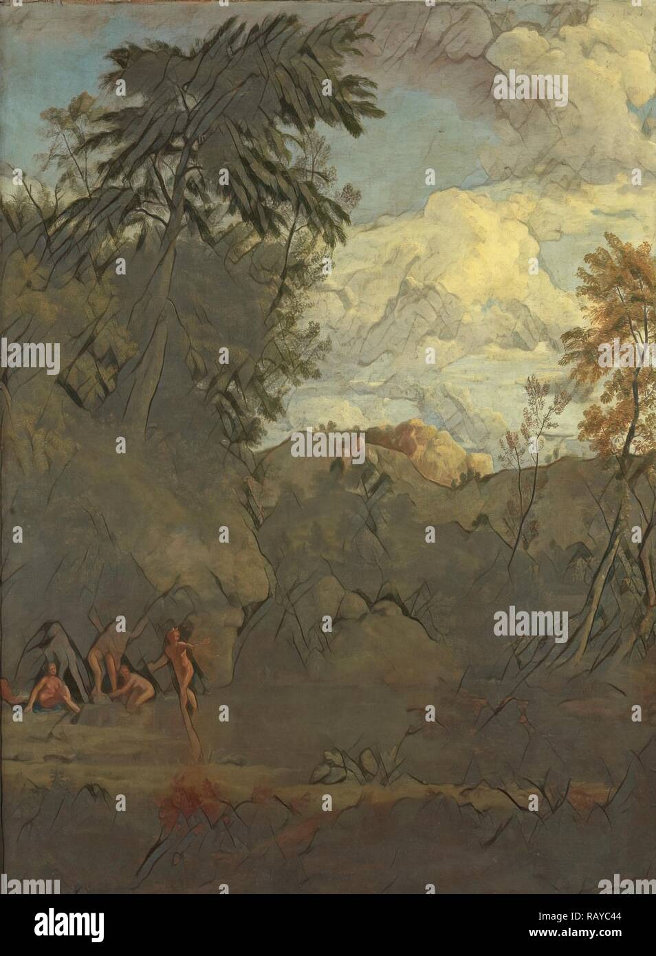 Paysage arcadien avec Diana Bathing, Johannes Glauber, 1680 - 1726. Repensé par Gibon. L'art classique avec un style moderne repensé Banque D'Images