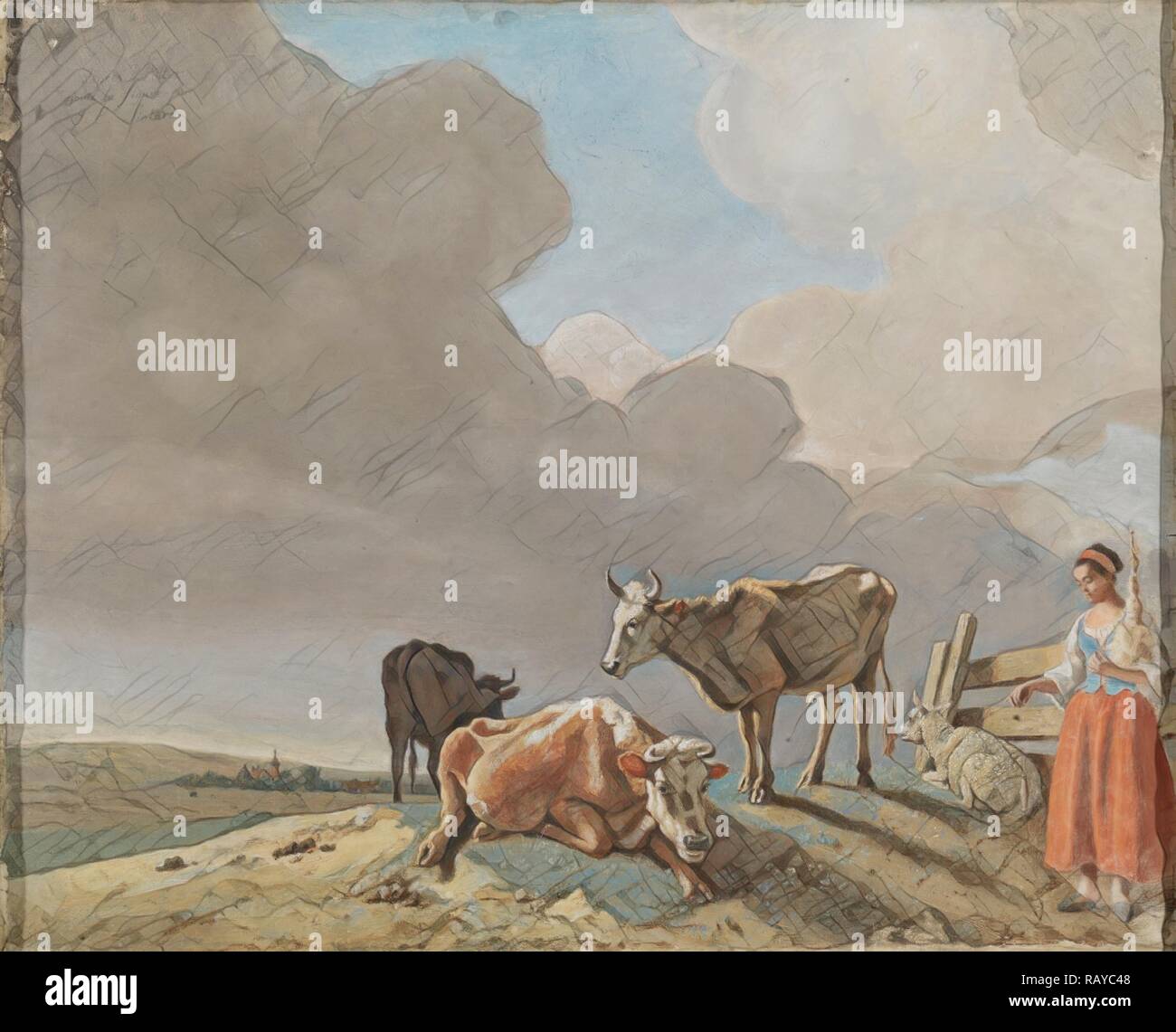 Paysage avec vaches et moutons , bergère, copie modifiée d'une peinture de Paulus Potter, la bergère copiés repensé Banque D'Images