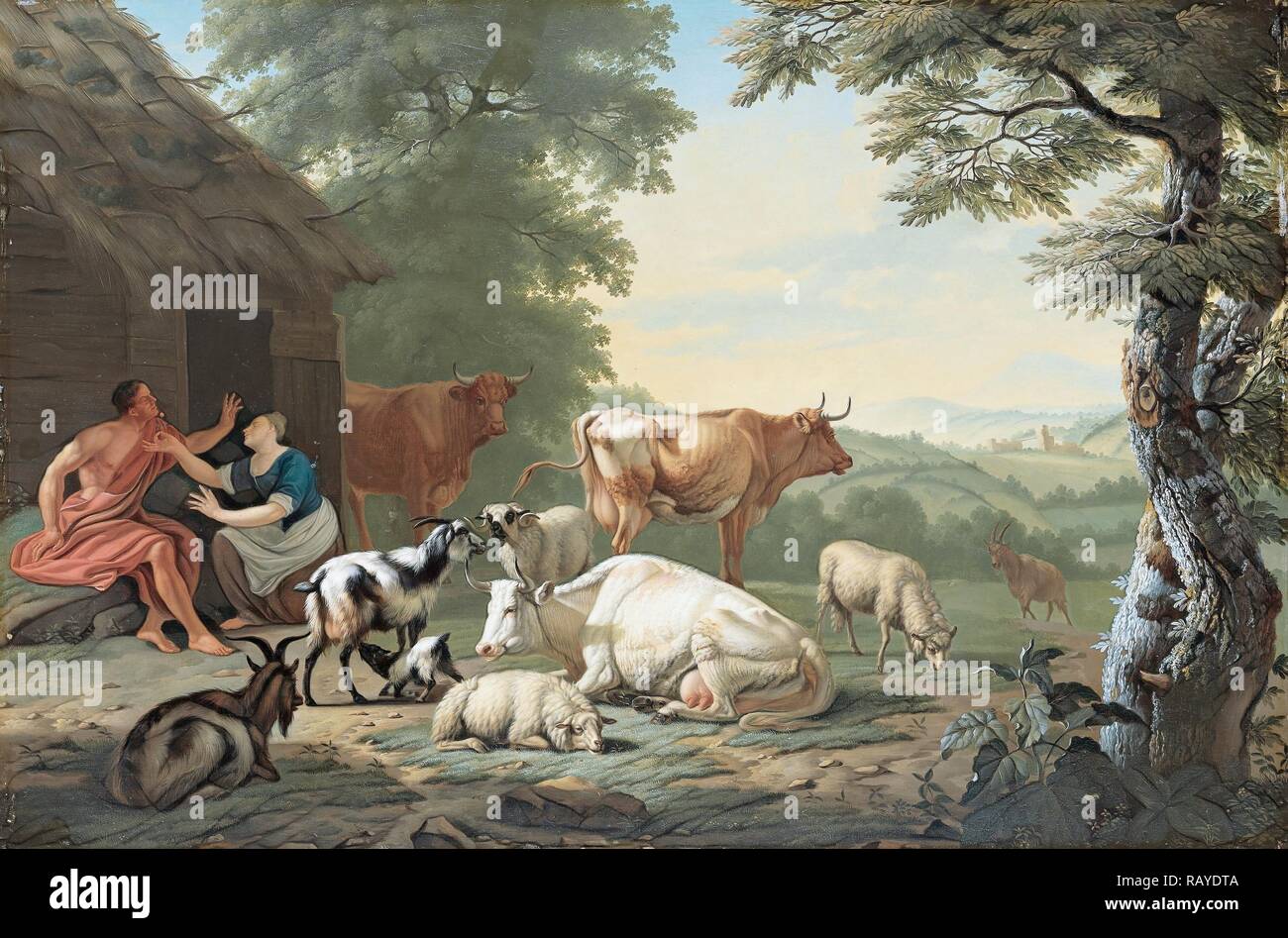 Paysage avec bergers arcadiens et animaux, Jan van Gool, 1710 - 1763. Repensé par Gibon. L'art classique avec un repensé Banque D'Images
