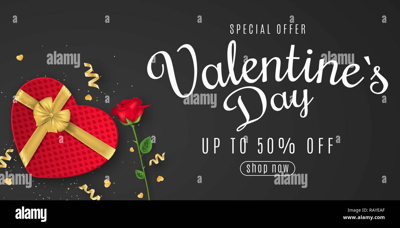 Valentine's Day greeting bandeaux web pour la vente. Vue d'en haut. Composition romantique avec boîte-cadeau de coeur et fleur rose. Offre spéciale. Gros rabais. Gol Illustration de Vecteur